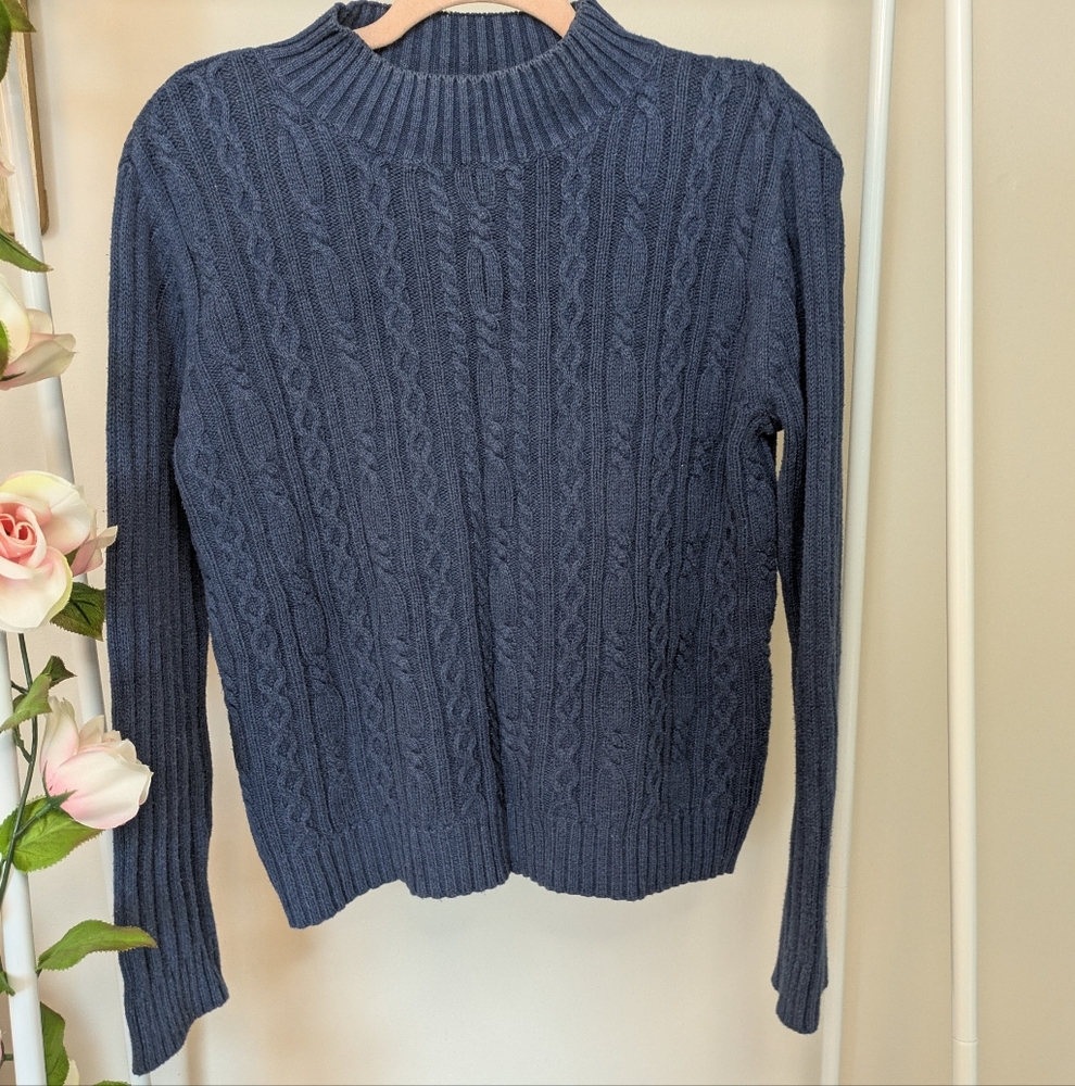 Vintage Navy Blue Cable Knit Mock Neck Sweater